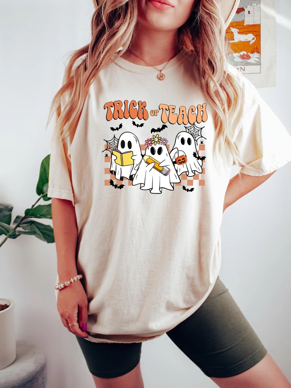 Teacher Halloween 'Trick or Teach' School Ghost Graphic Tee Shirt Fall Pencil